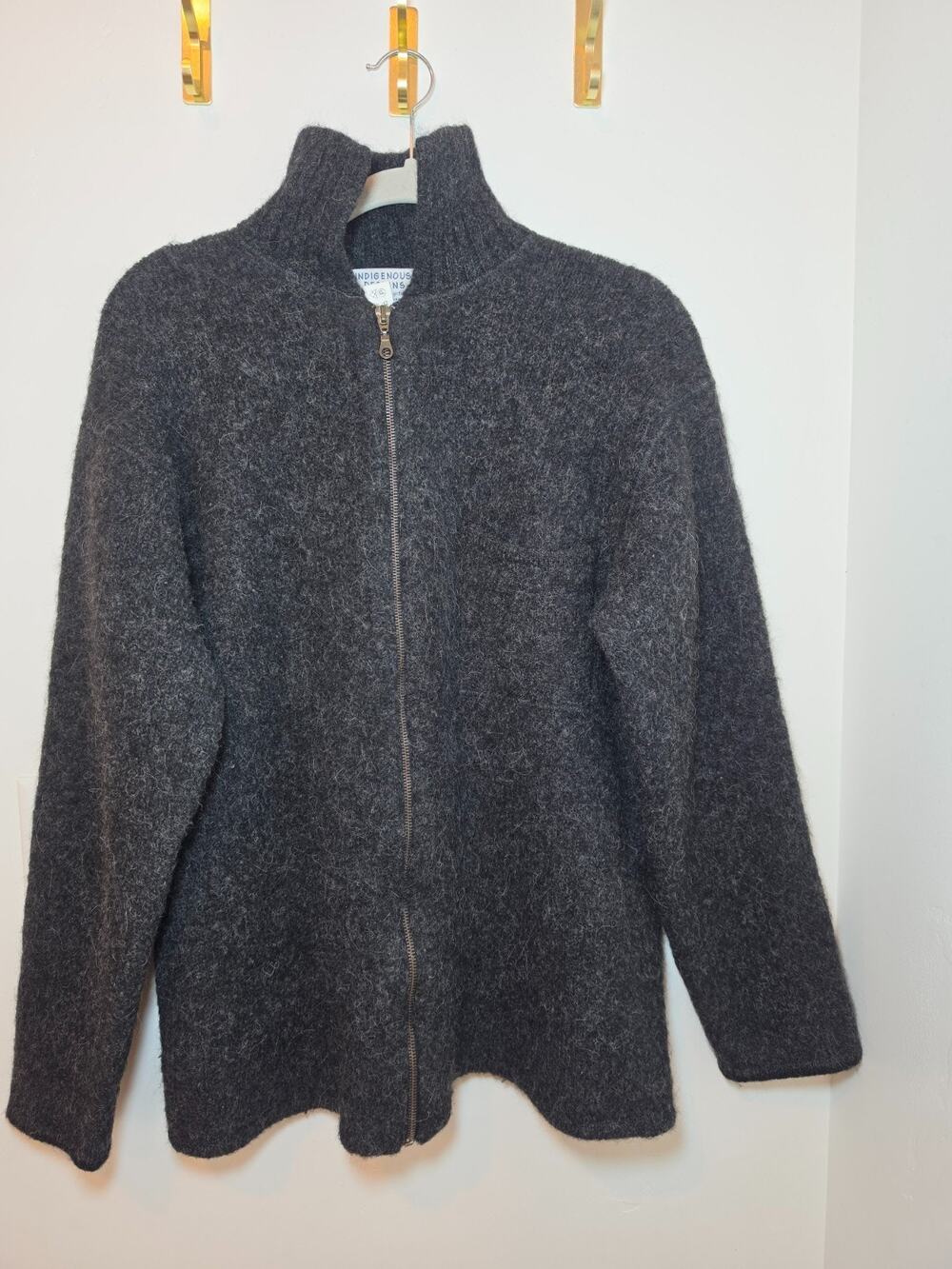 indigenous Design Alpaca Wool Jacket Women's Large Peru Zip Cardigan Gray